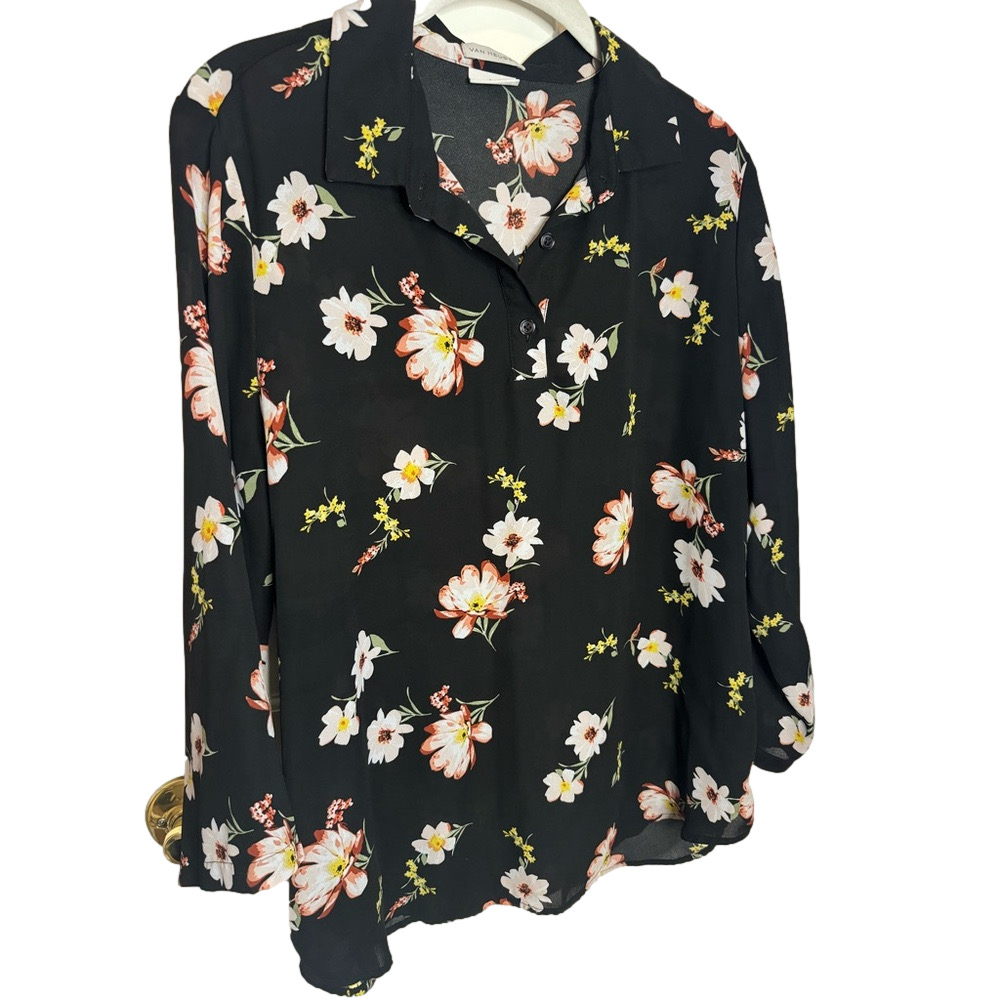 Van Heusen Black Floral Long Sleeve Top Size M